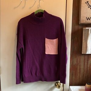 Peace Love World Purple Turtleneck Sweater with Pink Pocket